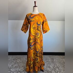 Vintage Barkcloth Orange Psychedelic Dayglo Print Maxi Dress - Small Mend